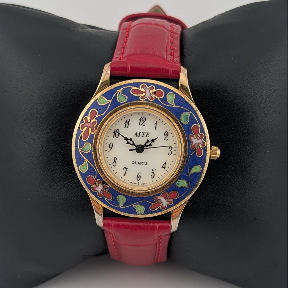 Aste Vintage Floral Cloisonne Enamel Gold Tone Watch Red Leather Strap